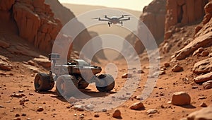 Robotic rover exploring Mars canyon with orbiter drone photo