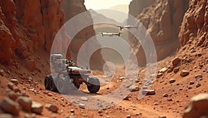 Robotic rover exploring Mars canyon with orbiter drone photo