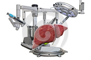 Robotic surgery of the liver concept, 3D rendering