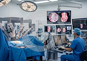 Robotic surgery setup in an operating room. The scene features