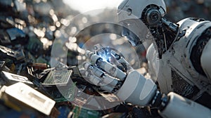 A robotic system equipped with visual recognition scanning microchips effortlessly identifying valuable components