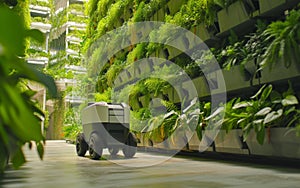 Robotic technology enhances urban farming in a lush vertical greenhouse, representing sustainability and innovation.