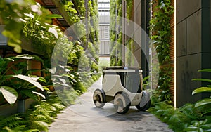 Robotic technology enhances urban farming in a lush vertical greenhouse, representing sustainability and innovation.