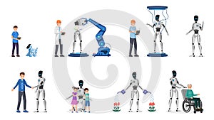 Robotic technology flat vector illustrations set. Cyborgs, adults and children characters. Futuristic technology in