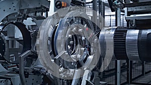Robotic tyre manufacturing equipment rotating with rubber tape at auto plant