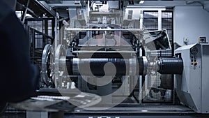 Robotic tyre plant worker operating production process in factory close up