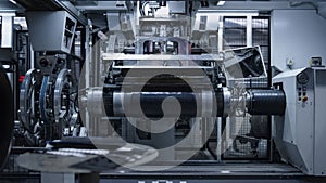 Robotic tyre plant worker operating production process in factory close up