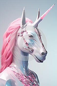 A robotic unicorn person with white plastic skin and a pink horn.