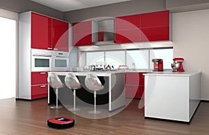 Robotic vacuum cleaner in a modern kitchen interior