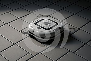 robotic vacuum, whirring and scrubbing, on gray tiled floor