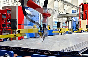 Robotic welding complex in the production workshop factory for the  manufacturing of modern rail transport and locomotives.