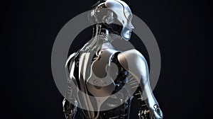 Portrait of robot woman close-up with real face cyber-girl with white body and a metal glowing mechanism in her neck.