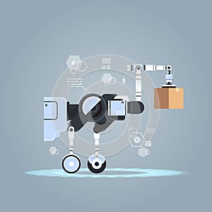 Robotic worker loading cardboard boxes hi-tech smart factory warehouse logistics automation technology concept modern