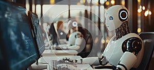 Robotic workstation with humanoid robots, advanced technology, modern office environment, computers, artificial