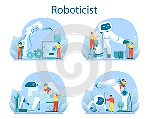 Roboticist concept set. Robotic engineering and constructing