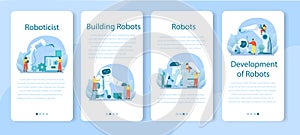 Roboticist mobile application banner set. Robotic engineering
