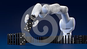 Robotics arm placing dominoes on grey background.