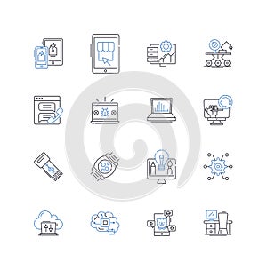 Robotics computing line icons collection. Automation, Machine Learning, Robotics, Algorithms, Intelligence, Precision