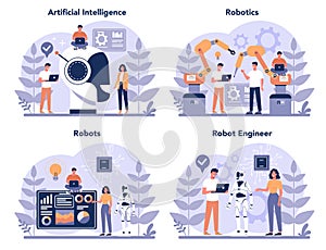 Robotics concept set. Robot engineering and programming. Idea of artificial