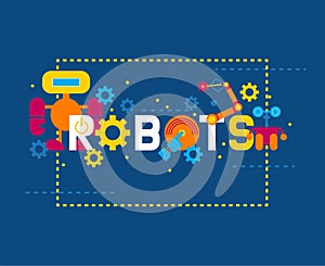 Robotics creation icons banner vector illustration. Celebration. Futuristic artificial intelligence technology. Gear