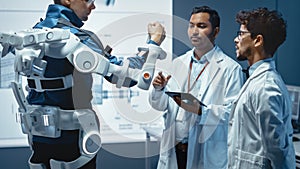 In Robotics Development Laboratory: Engineers and Scientists Work on a Bionics Exoskeleton Prototy