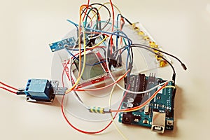 Robotics and electronics. Lab in school. Mathematics, engineering, science, technology, computer code. STEM and STEAM educatio