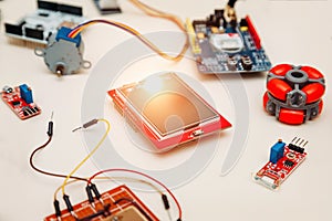 Robotics and electronics. Lab in the school. Mathematics, engineering, science, technology, computer code. STEM and STEAM educatio