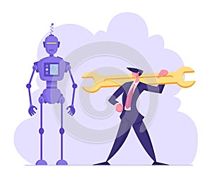 Robotics Engineering, Chatbot and Automatization in Business Concept. Businessman Holding Huge Wrench photo