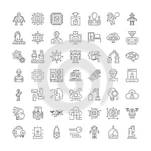 Robotics engineering linear icons, signs, symbols vector line illustration set