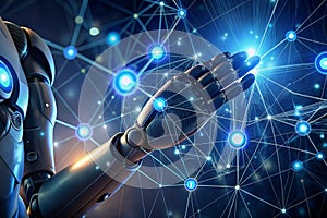 Robotics hand touching an AI icon, generative artificial intelligence. Process automation and data analysis.