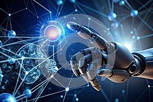 Robotics hand touching an AI icon, generative artificial intelligence. Process automation and data analysis.