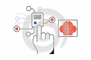 Robotics hand touching an AI icon, generative artificial intelligence. Process automation and data analysis.