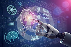Robotics hand touching an AI icon, generative artificial intelligence. Process automation and data analysis.