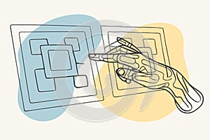 Robotics hand touching an AI icon, generative artificial intelligence. Process automation and data analysis.