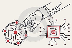 Robotics hand touching an AI icon, generative artificial intelligence. Process automation and data analysis.