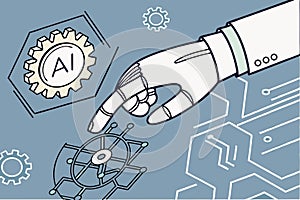 Robotics hand touching an AI icon, generative artificial intelligence. Process automation and data analysis.