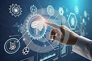 Robotics hand touching an AI icon, generative artificial intelligence. Process automation and data analysis.