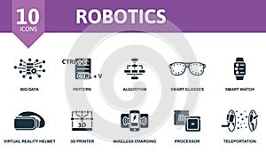 Robotics icon set. Monochrome simple Robotics icon collection. Big Data, Pattern, Algorithm, Smart Glasses, Smart Watch
