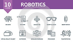 Robotics icon set. Monochrome simple Robotics icon collection. Big Data, Pattern, Algorithm, Smart Glasses, Smart Watch