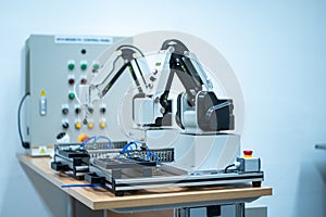 Robotics Industry Engineering programming and Manipulating Robot Hand Arm, Industrial Robotics Design, High Tech Facility, Modern