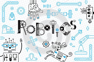 Robotics for kids. Banner or card. Robots and details for construction. Vector illustration