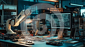 A robotics lab with circuits, soldering tools, and a programming