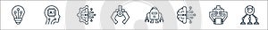 Robotics line icons. linear set. quality vector line set such as robot, arm, artificial intelligence, robot, arm, brain,