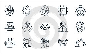 Robotics line icons. linear set. quality vector line set such as robot arm, artificial intelligence, robot, drone, artificial