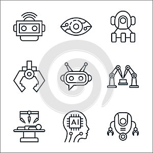 robotics line icons. linear set. quality vector line set such as robot, artificial intelligence, surgery, robot arm, chatbot, arm