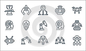 Robotics line icons. linear set. quality vector line set such as robot, robot, chatbot, robot arm, arm, artificial intelligence,
