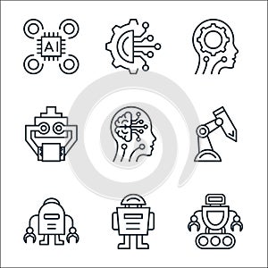 Robotics line icons. linear set. quality vector line set such as robot, robot, robot, arm, artificial intelligence, arm,