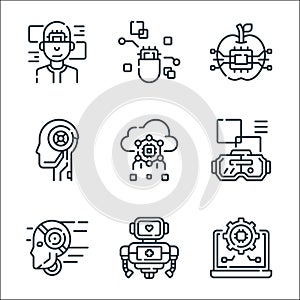 robotics line icons. linear set. quality vector line set such as settings, robot, robot, virtual reality glasses, cloud computing