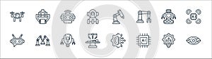 Robotics line icons. linear set. quality vector line set such as vision, chip, surgery, chatbot, robot, robot, robot arm, arm