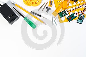 Robotics line tracking sensors development closeup and electronic invention engineer, programmer, inventor with cables, wires,